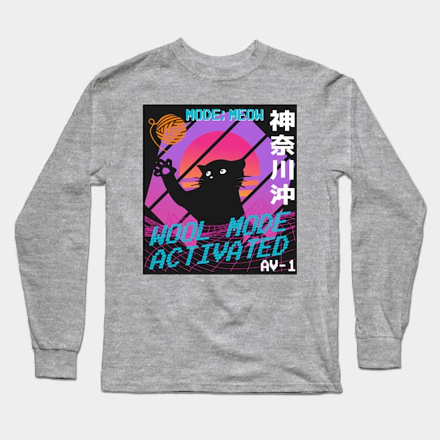 Vaporwave Aesthetic Style 80th Synthwave Cat Long Sleeve T-Shirt by Kuehni